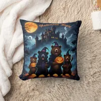 Halloween bear gathering in a spooky forest throw pillow