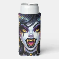 Vampire with Gold Fangs Full Moon Halloween Party Seltzer Can Cooler