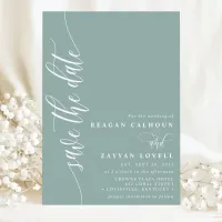 Dusty Teal Simple Modern Script Save The Date