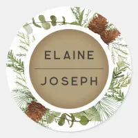 Rustic Conifer Pine cone Wedding Classic Round Sticker