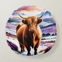 Highland Cow Snow Watercolor Custom Text Christmas Round Pillow