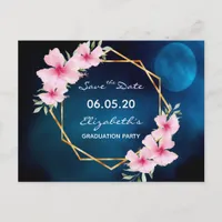 Graduation Blue pink flowers Save the date Postcard