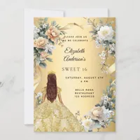 Sweet 16 gold dress yellow florals invitation