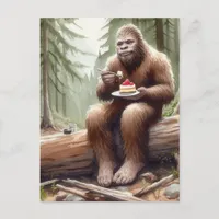 Sasquatch in mossy forest with a cheesecake postcard