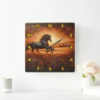 Majestic Horse Galloping Through Golden Fields Square Wall Clock