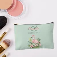 Pink flamingo tropical sage green bridesmaid accessory pouch