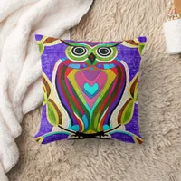 Colorful Whimsical  Owl with Heart Throw Pillow