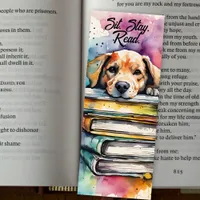 Sit Stay Read Watercolor Dog on a Stack of Books Bookmarks