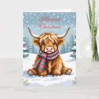 Cute Whimsical Highland Cow Personalized Christmas Card