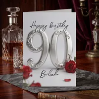 Elegant Silver Red Rose Milestone 90th Birthday Card