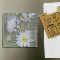 Ellis Rowan Blue White Water Lily Vintage Flowers Stone Magnet