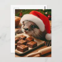 Cute Santa Otter With Brownies for Christmas Postcard