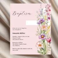 Pink floral cross girl Baptism invitation