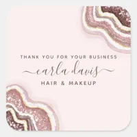 Rose Gold Blush Pink Glitter Agate Geode Business Square Sticker