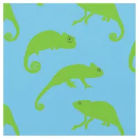 Cartoon Green Chameleons on Blue Fabric