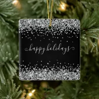 Silver Glitter Happy Holidays Sparkle shine Black Ceramic Ornament