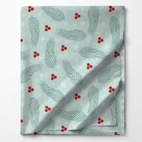 Pine Needles and Red Berries on Light Blue Winter Fabric