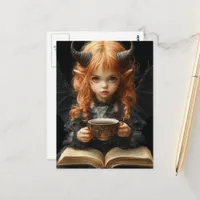 Girl With Horns and Wings Reads With Coffee Postcard