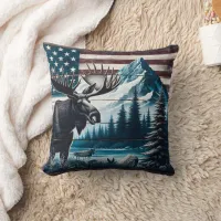 Moose Against Mountain and Flag Background Throw Pillow