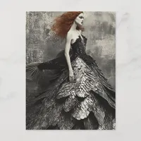 Woman wears a Black Fish Scale Dress Fantasy Postcard