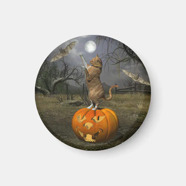 Cute Halloween Orange Cat Batting Bats Magnet