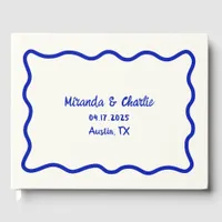 Whimsical Minimal Wavy Border Bold Blue Wedding Guest Book