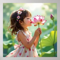 Pretty Little Girl Smelling a Pink Rose Poster