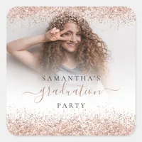 Rose Gold Glitter Photo Name Grad 2022 Party  Square Sticker