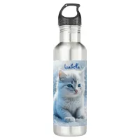 Personalized Little White Kitten in Snow Stainless Steel Water Bottle