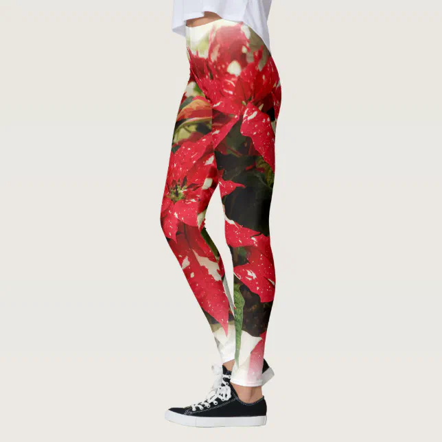 Festive Red White Floral Poinsettias Leggings