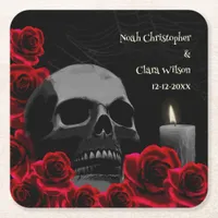 Gothic Scary Skull and Red Roses Halloween Square Paper Coaster