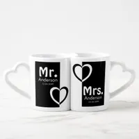 Black white hearts Mr. Mrs. name wedding date Coffee Mug Set