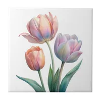 Romantic and Poetic Pastel Tulips Watercolor Ceramic Tile