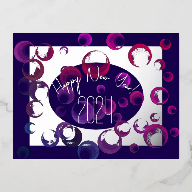 Modern happy new year, colorful bubbles, silver foil holiday postcard