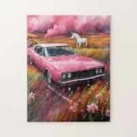 Vintage Pink Car and a Unicorn in a Meadow Jigsaw Puzzle