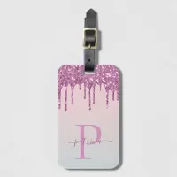 Glam Pink Glitter Drips Elegant Monogram  Luggage Tag