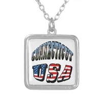 Connecticut Picture and USA Flag Text Square Silver Plated Necklace