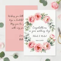 Watercolor Blush Pink Rose Wreath Wedding Congrats Card