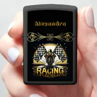 Racer triumphantly celebrates with checkered flags zippo lighter