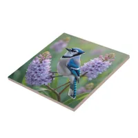 Pretty Blue Jay Standing on Lilac Branches Ceramic Tile