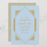Powder Blue & Metallic Gold Art Deco Wedding Photo Invitation