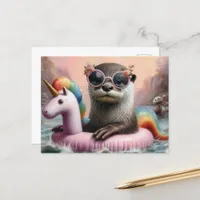 Otter on a pink Unicorn Float Postcard