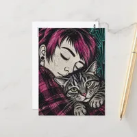 Woman and Her Cat Woodblock Postcard