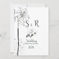 Floral Romantic Minimalist B&W Ink Sketch Wedding Invitation