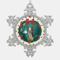 Merry Christmas Wreath and Holly Custom Pet Photo Snowflake Pewter Christmas Ornament