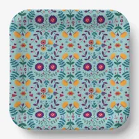 Pretty Folk Art Flowers Pattern Paper Plates