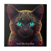 Mystic Neon Mandala Cat Psychedelic Feline Fantasy Ceramic Tile