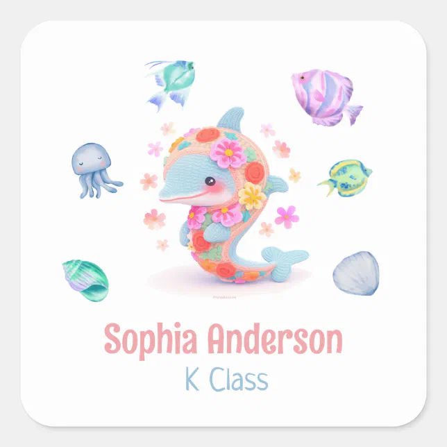 Floral Whale Sea Theme Back To School Name Square Sticker