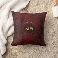 Red Snakeskin Leather Print Embossed Monogram Throw Pillow