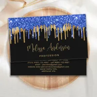 Elegant Blue Gold Glitter Drips Black Modern  Business Card